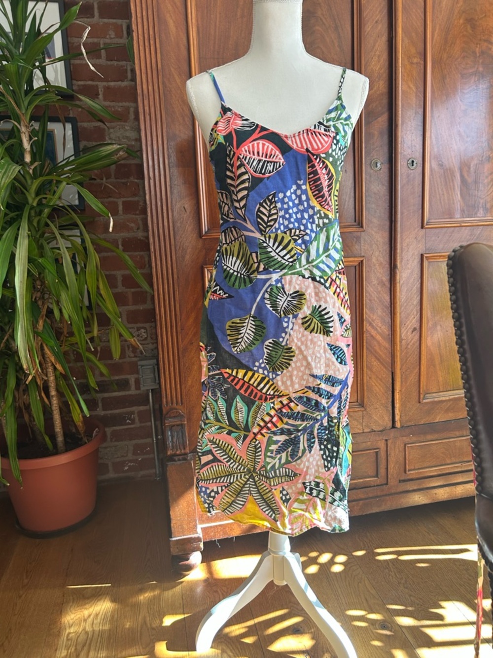 Cynthia Rowley Tropical Leaf Slip Midi Dress - Blue, Green, Pink